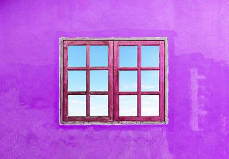 blue sky in pink window and  purple wall dirty.の写真素材
