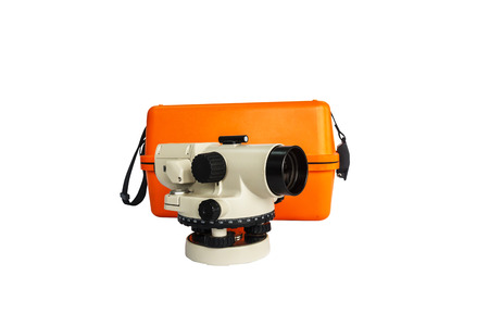 surveyor s telescope, automatic level , surverying instrument and box isolate on a white background, with clipping path  の写真素材