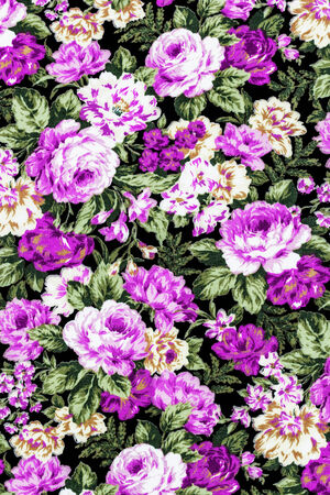 purple rose on black fabric background, Fragment of colorful retro tapestry textile pattern with floral ornament useful as background.の写真素材