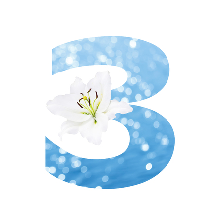 Number 3 made from Abstract circular bokeh background of Light shining on the river shot in manual mode out of focus and white lilly , clipping path.の写真素材