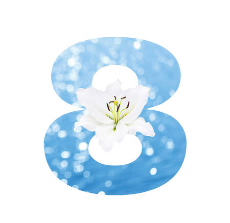 Number 8 made from Abstract circular bokeh background of Light shining on the river shot in manual mode out of focus and white lilly , clipping path.の写真素材