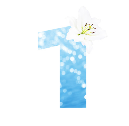 Number 1 made from Abstract circular bokeh background of Light shining on the river shot in manual mode out of focus and white lilly , clipping path.の写真素材