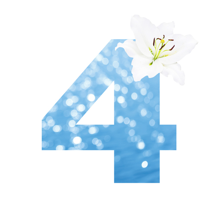 Number 4 made from Abstract circular bokeh background of Light shining on the river shot in manual mode out of focus and white lilly , clipping path.の写真素材