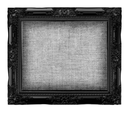 old black frame with empty grunge linen canvas for your picture, photo, image. beautiful vintage backgroundの写真素材
