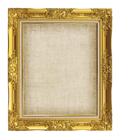 old golden frame with empty grunge linen canvas for your picture, photo, image. beautiful vintage backgroundの写真素材