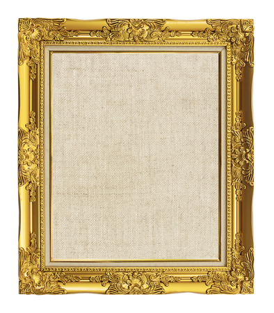 old golden frame with empty grunge linen canvas for your picture, photo, image. beautiful vintage backgroundの写真素材