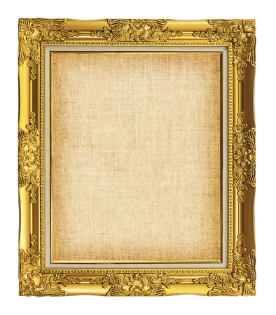 old golden frame with empty grunge linen canvas for your picture, photo, image. beautiful vintage backgroundの写真素材