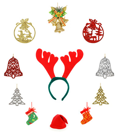 Christmas set & Accessories. isolated on white background, socks star santa hat  pine   bow  and bellの写真素材