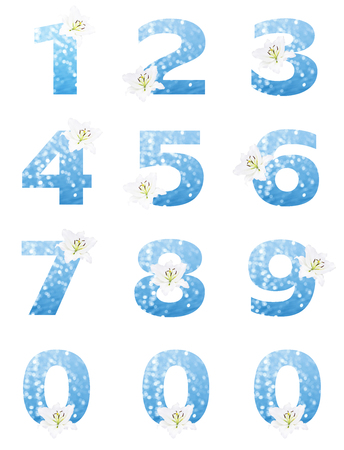 Number 0-9 made from Abstract circular blue bokeh background of Light shining on the river  and white lillyの写真素材