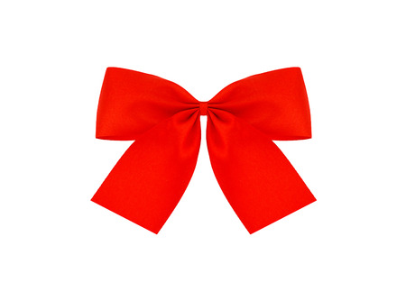 Festive red bow made of ribbon isolated on whiteの写真素材