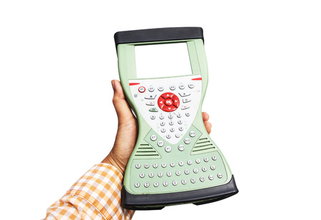GPS Controller survey white display for you text and picture in hand lady asian , on white background, clipping path, Global Positioning System.の写真素材
