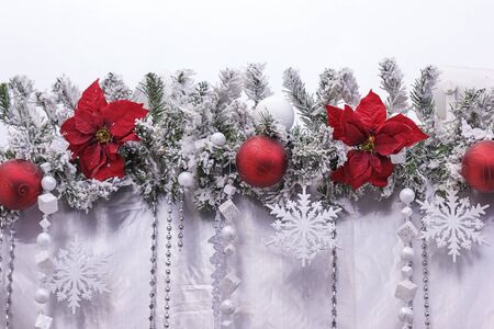 Christmas ball decoration and tree on white background.の写真素材