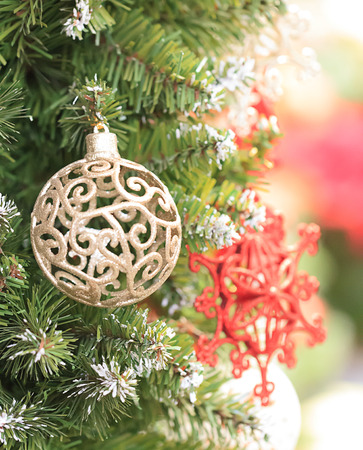 Christmas ball decoration closeup on tree and empty space.の写真素材