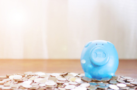 Blue piggy bank on top of coins money for savings concept, orange light and space.の写真素材