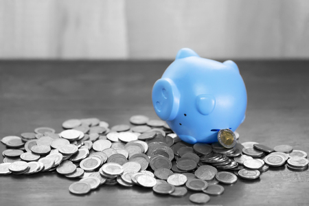 Blue piggy bank on top of coins money for money flow concept and gray background.の写真素材