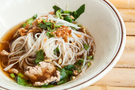 thai pork noodle thicken soupの写真素材
