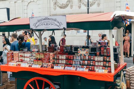London/UK - July 20 2018: Variety of teas selling as a souvnirs in a market stall on Portobello Market in Notting Hill, London, UKのeditorial素材