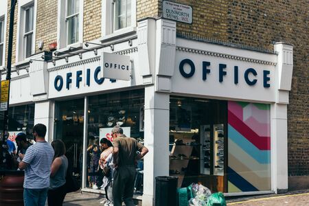 London/UK - July 20 2018: Office shoe store on Portabello Road in London. Office Holdings is a fashion retailer owned by the South African companyのeditorial素材