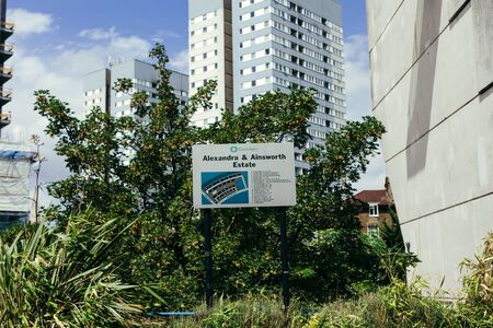 London, UK - July 30, 2018: Navigation board of the Rowley Way terraced apartments, London Borough...