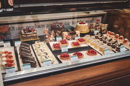 London/UK - 22/07/2019: showcase with pastries in Patisserie Valerie cafe on the Marylebone Station....