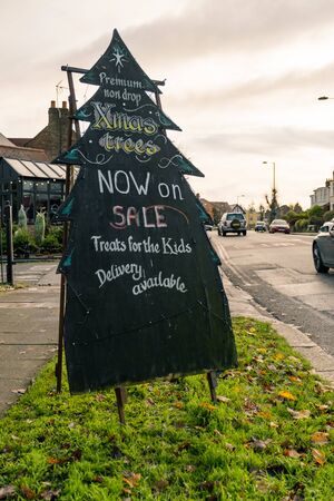 London / UK - Dec 01, 2019: Christmas Trees market signage in London. Christmas is one of the most desirable holidays in the yearのeditorial素材