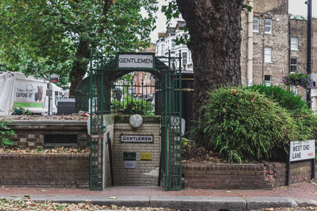London/UK-30/07/18: entrance to the underground male public toilet on West End Lane in West...