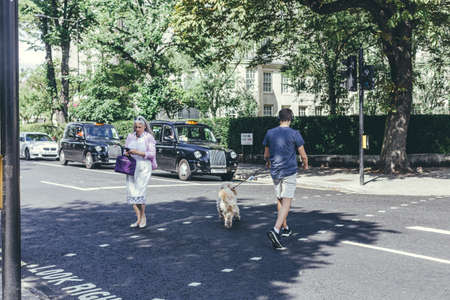 London/UK-30/7/18: a young man with a dog and a woman crossing Grove End Road in St John's Wood on a green signal of the traffic light whilst two black cabs and another car standing on the red signalのeditorial素材