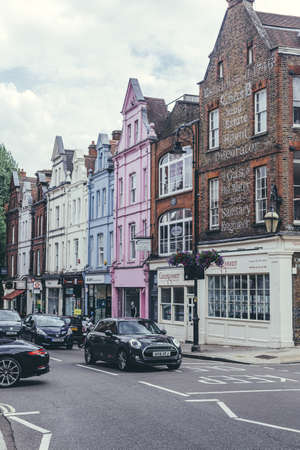 London/UK- 30/07/19: colorful large late Edwardian blocks of mansion flats on Heath Street in Hampstead, one of the most affluent and desirable neighborhoods in Londonのeditorial素材