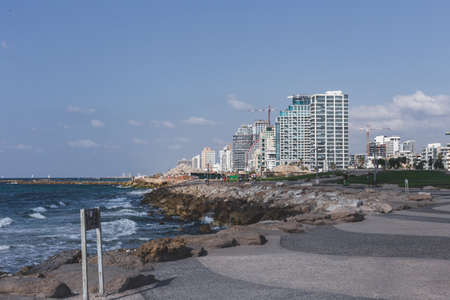 Tel Aviv waterfront as seen from the Beach Garden on Kauffman Street on a sunny dayのeditorial素材