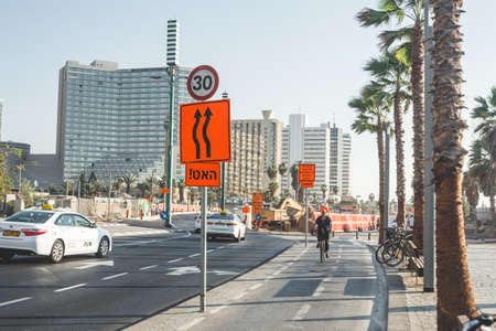 Tel Aviv / Israel-13/10/18: temporary road signs warning the drivers of the construction work on the...