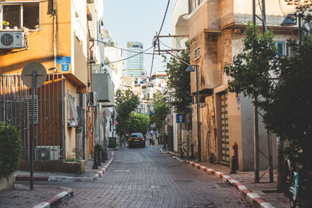 Tel Aviv / Israel-13/10/18: Rabbi Meir Street, typical for the Middle East countries narrow residential street in Tel Avivのeditorial素材