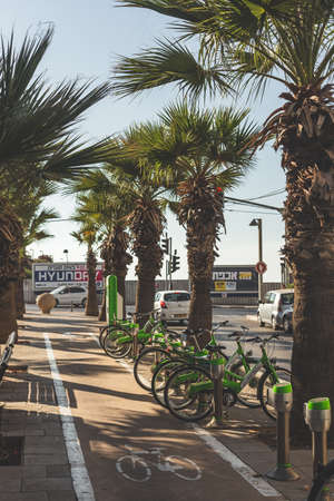 Tel Aviv/Israel-12/10/18: Tel-O-Fun bicycle-sharing docking station and the terminal on a street in...