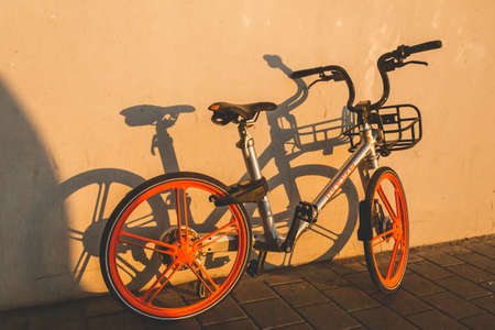 Tel Aviv/Israel-10/10/18: Dockless Mobike bicycle on a street in Tel Aviv. By the number of...