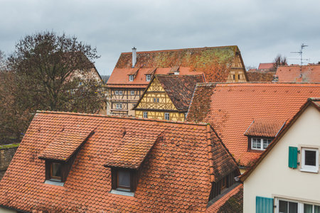 The red tile roofs of the houses in the old town of Rothenburg ob der Tauber. A town in the district of Ansbach of Mittelfranken (Middle Franconia), the Franconia region of Bavaria, Germanyの写真素材