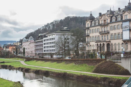 Bad Kissingen/Germany-31/12/18: Houses along the Bismarckstrasse next to the Franconian Saale River just opposite the Rose Garden in Bad Kissingen, one of Germany's best-known health resortsのeditorial素材