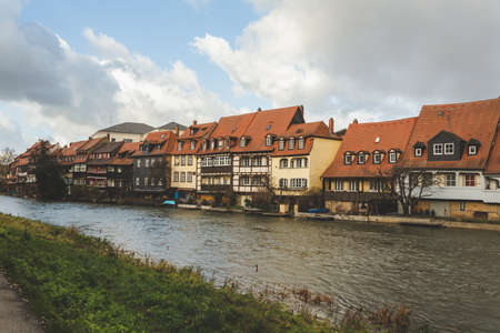 Bamberg/Germany-2/1/19: view of the bank of the river Regnitz in the old town of Bamberg, a town in Upper Franconia. A large part of the town has been a UNESCO World Heritage Siteのeditorial素材