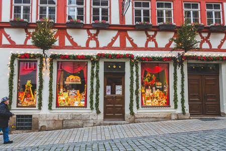 Rothenburg/Germany-1/1/19: Kaethe Wohlfahrt toy store, brightly decorated for Christmas, in the Old Town of Rothenburg ob der Tauber, a well-known destination for tourists from around the worldのeditorial素材