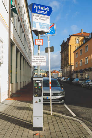 Bamberg/Germany-2/1/19: Pay-By-Plate terminal on a street in a german town. Pay-by-plate machines...