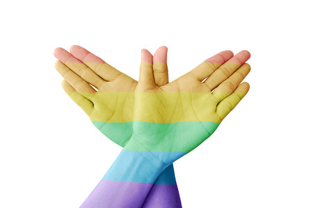 Bird Hand Signal Rainbow color on white backgroundの写真素材