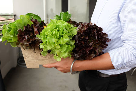 Man holding a box of fresh green vegetables.