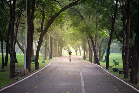 Road in the park in Bangkok shady green trees. Where people come to relax and exercise.の写真素材