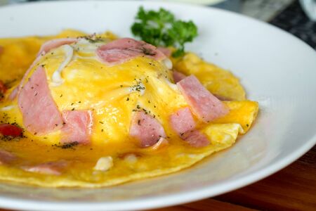 Creamy Omelet with Bacon on Rice on white dishの写真素材