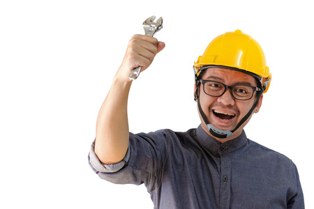 Young engineers are smiling emotionally, ready to work on a white background.の写真素材