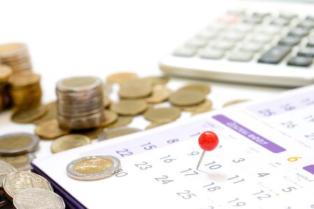 Embroidered red pins on a calendar on the 17th with selective focus, Tax day Conceptの写真素材