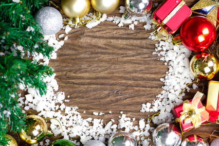 Christmas decorations on a wood background with copy space