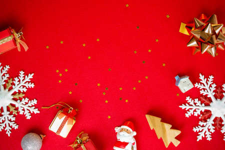 Christmas and happy new year 2020 concept decorations on red carpet background with copy spaceの写真素材