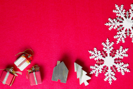 Christmas and happy new year 2021 concept decorations on red carpet background with copy spaceの写真素材