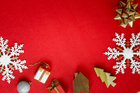 Christmas and happy new year 2021 concept decorations on red carpet background with copy spaceの写真素材