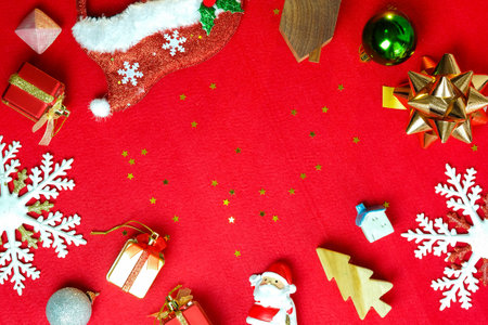 Christmas and happy new year 2021 concept decorations on red carpet background with copy spaceの写真素材