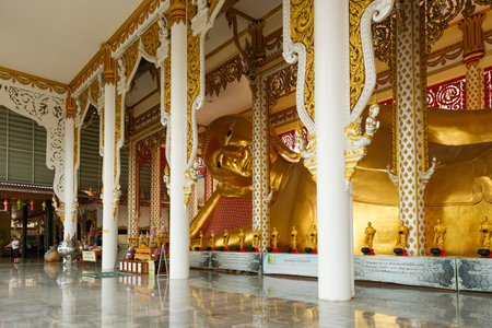 NONTHABURI THAILAND - OCTOBER 3, 2020 : "Wat Rat Prakhong Tham " the largest reclining Buddha in Nonthaburi province,Pagoda replica Significant third place, Destination introduction of NONTHABURI.のeditorial素材